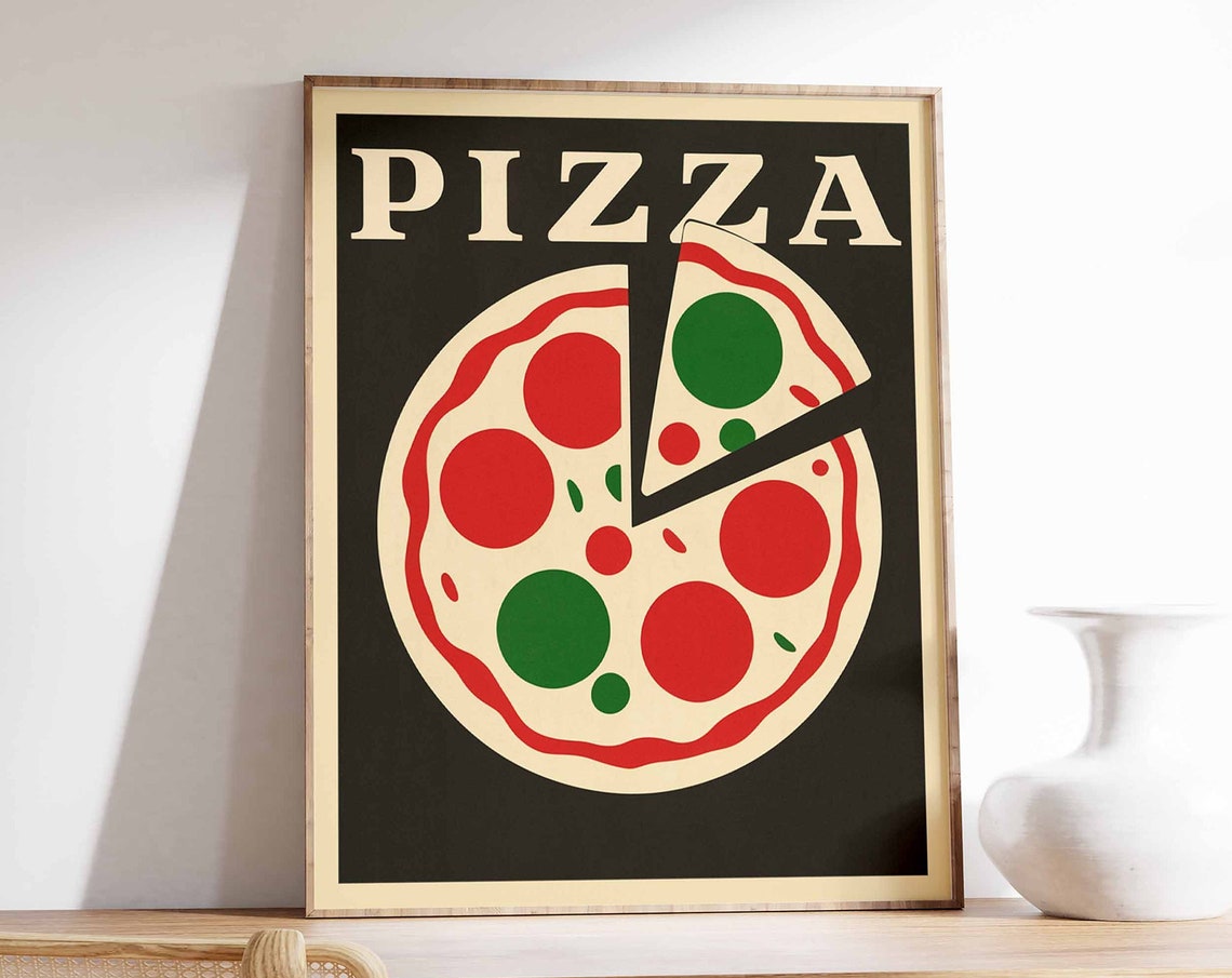 Bold Black Background Pizza Pepperoni Retro Kitchen Art Poster