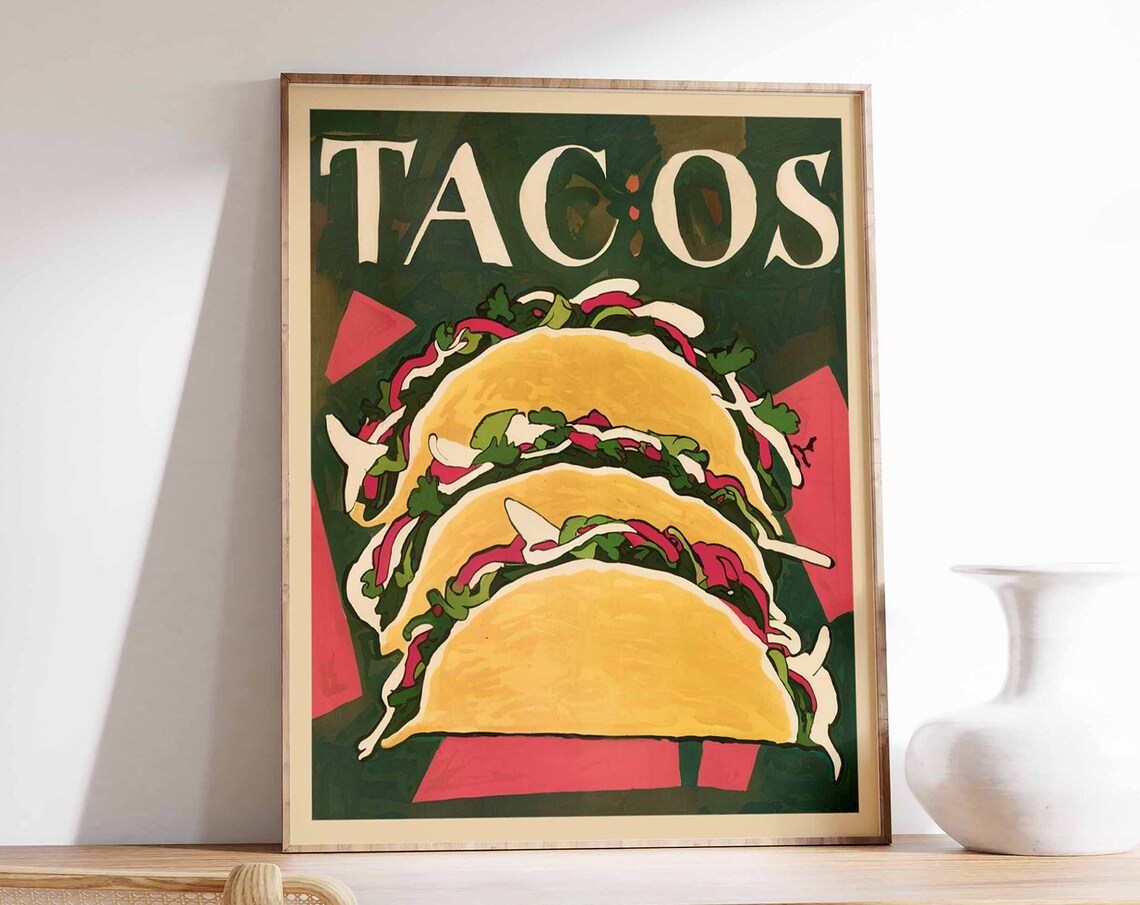 Colorful Tacos Trio Red Onion Cilantro Mexican Kitchen Art Poster