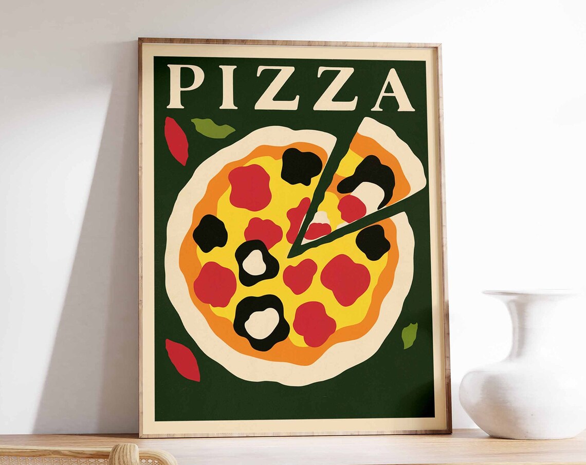 Vintage Hand Drawn Pizza Slice Green Italian Kitchen Art Poster