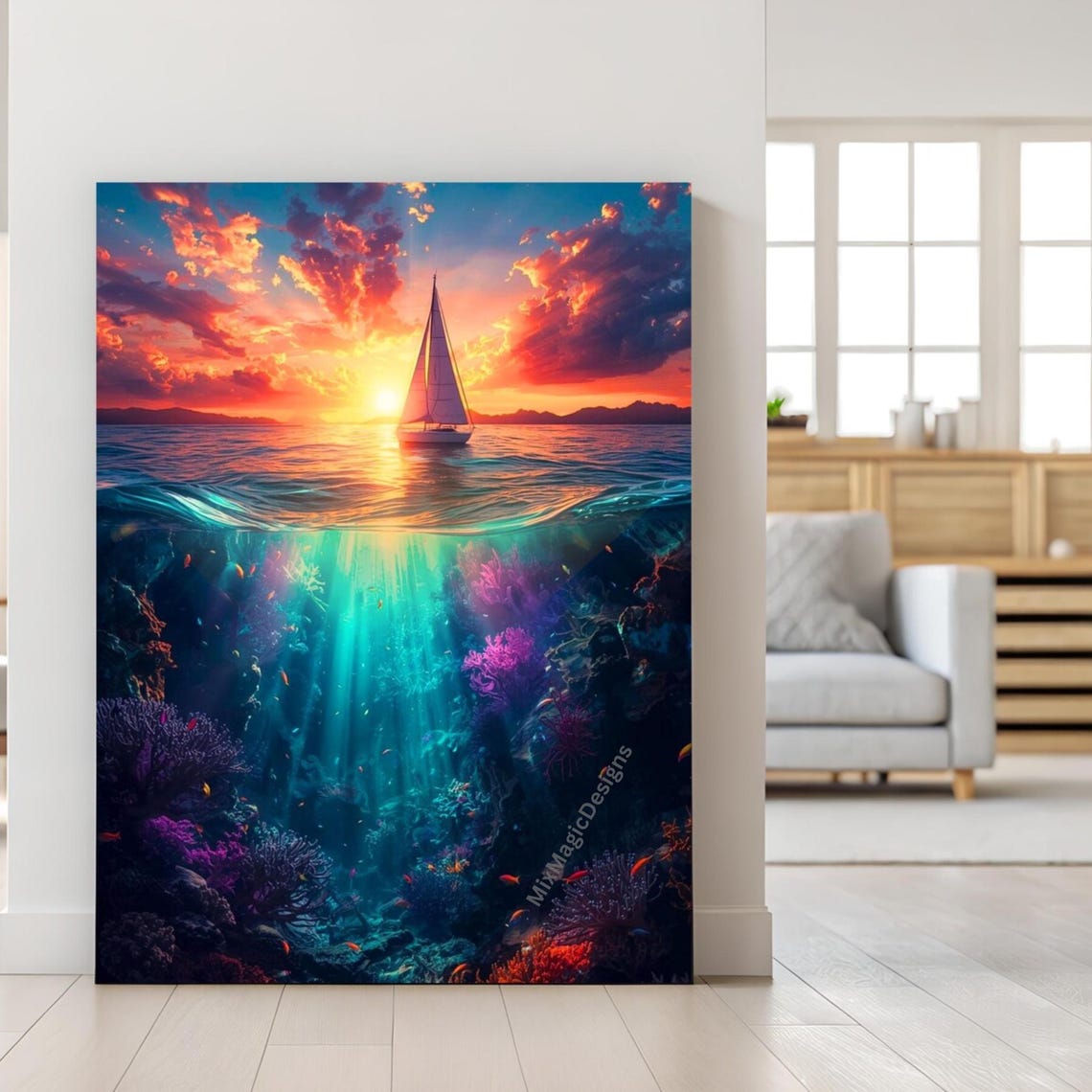 Sailboat Sunset Ocean Above Underwater Coral Reef Art Poster