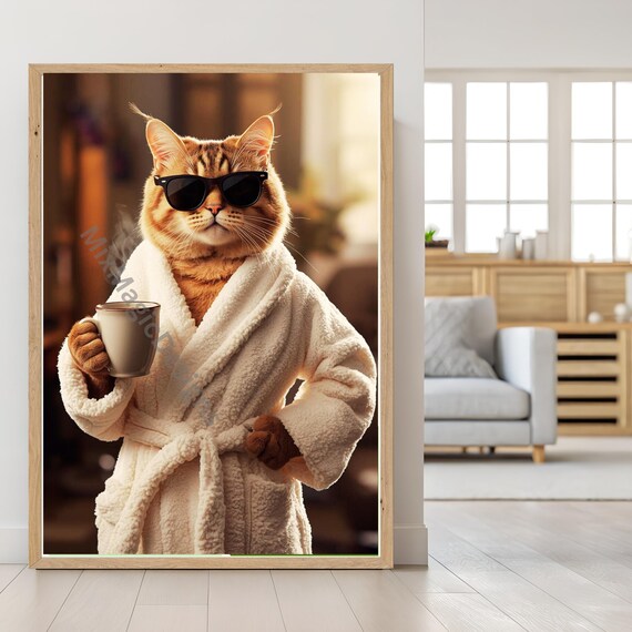 Funny Orange Tabby Cat In Bathrobe Sunglasses Morning Coffee Poster