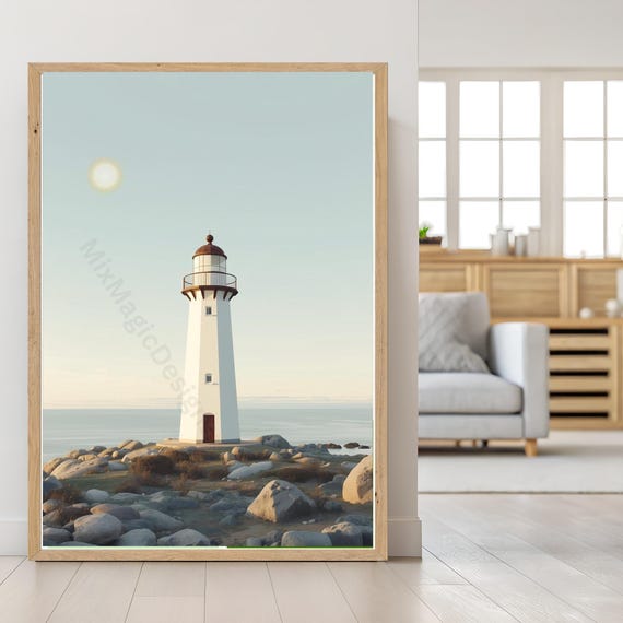 Lighthouse Poster Scandinavian Coast North Sea Wall Art Watercolor Look Minimalist Maritime Picture Decor