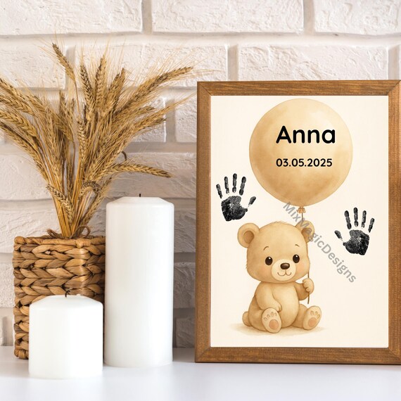 Baby Bear Handprint Poster Customizable Canva Template Balloon Birth For Girls Boys Nursery Wall Art Decor