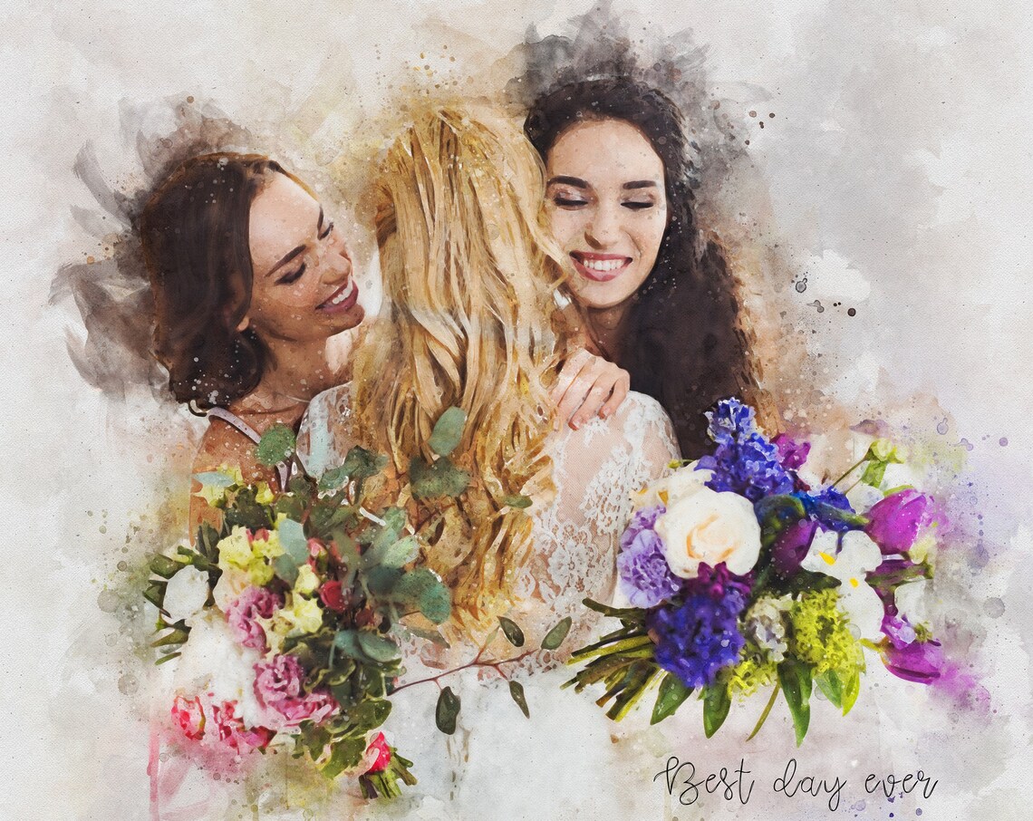Custom Watercolor Bride And Bridesmaids Laughing Bouquet Art Poster