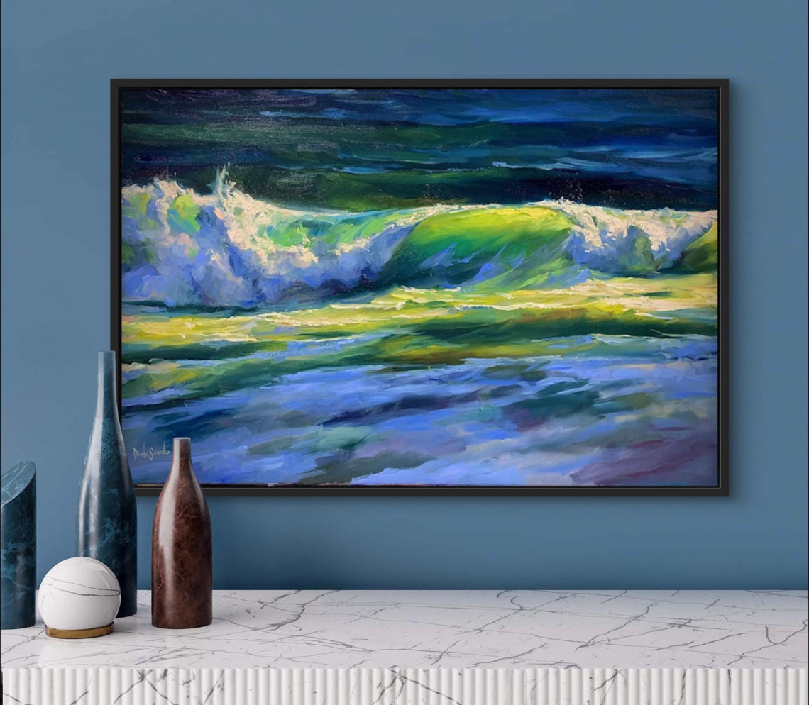 Glowing Green Ocean Wave Curl Over Dark Water Night Surf Poster - Image 2