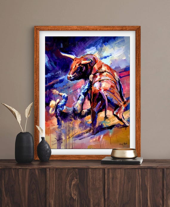 Art Print Unleashed Paper Cowboy Bull Ox Wall Art Stampede Rodeo Poster Rustic Western Painting Farmhouse Home Decor
