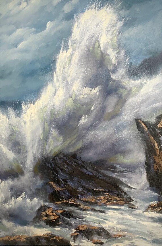 Massive Ocean Wave Crashing On Dark Rocks Towering Spray Poster