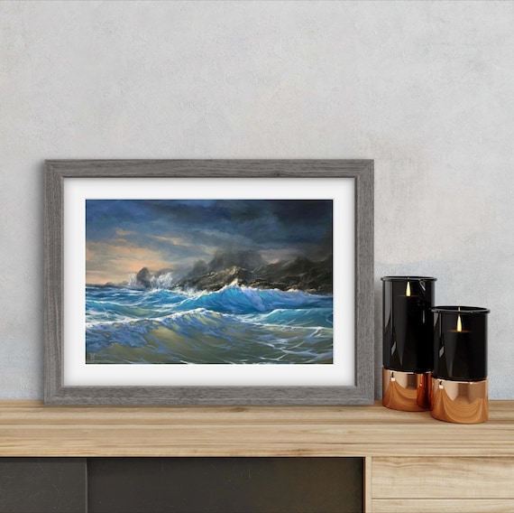 Ocean Waves Crashing on Rocky Coast Dramatic Seascape Painting Poster