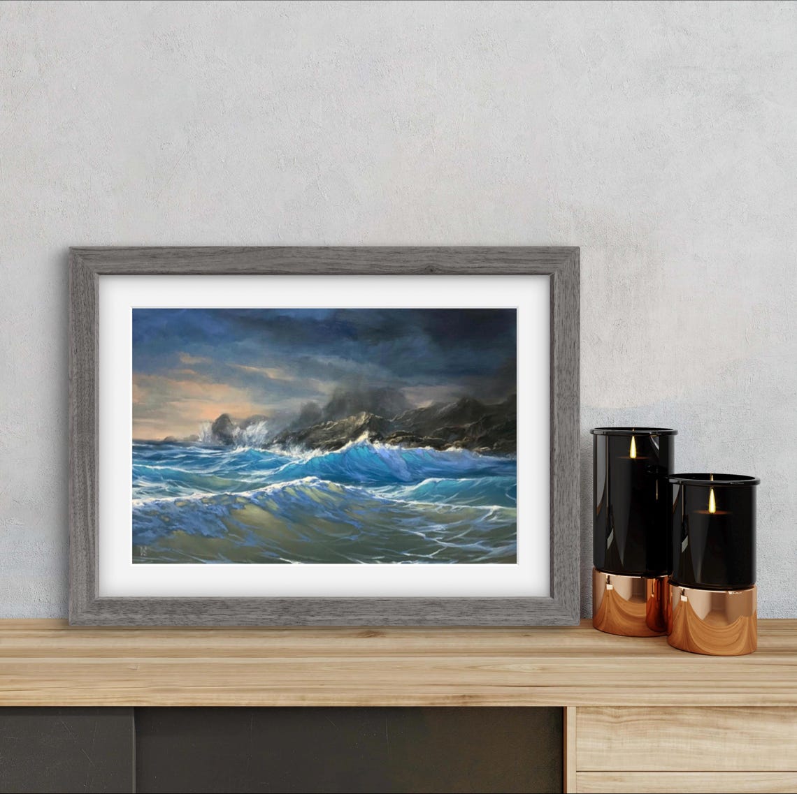 Ocean Waves Crashing on Rocky Coast Dramatic Seascape Painting Poster