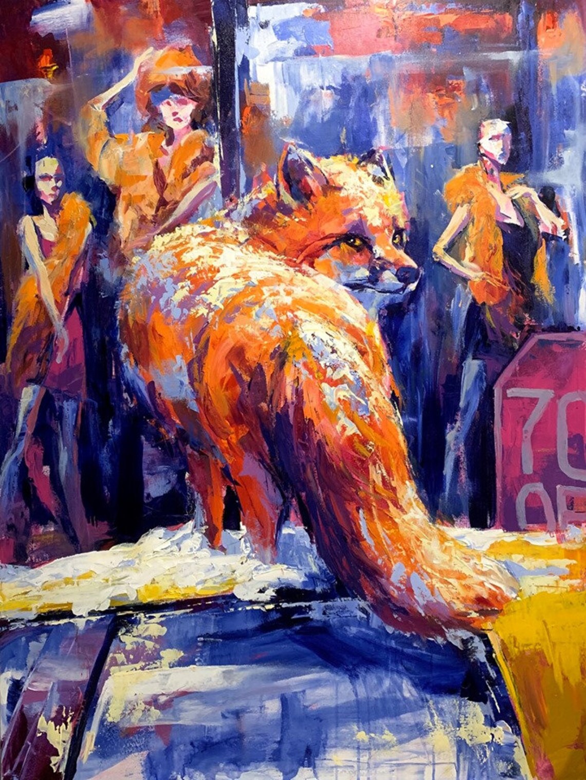 Red Fox Among Fashion Mannequins Surreal City Boutique Painting Poster