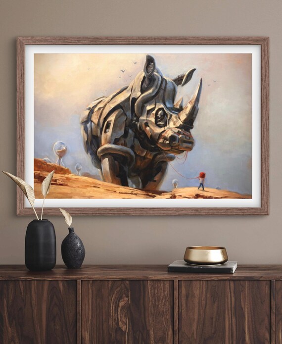 Giant Armored Rhino With Small Child Desert Fantasy Painting Poster