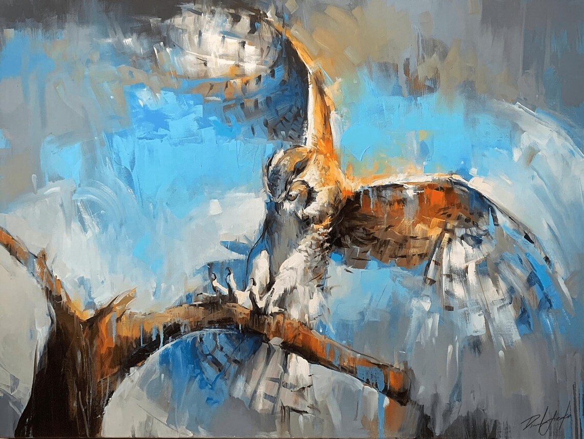 Owl Landing On Branch Spreading Wings Wildlife Oil Painting Poster