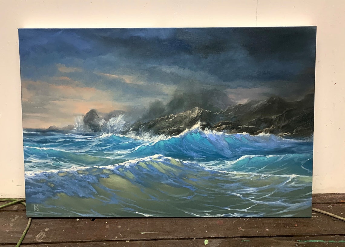 Deep Blue Ocean Waves Under Dark Stormy Sky Rocky Coastline Poster