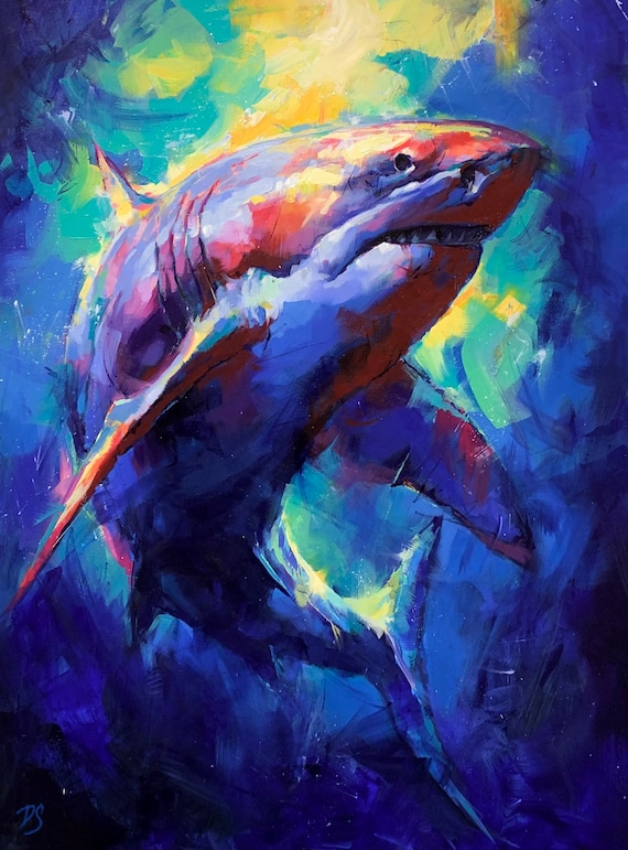 Original Painting Instincts 30x40 Acrylic On Original Painting Shark Painting Shark Home Decor Shark Art Great White Shark