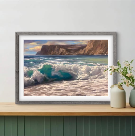 Coastal Cliff Cove With Turquoise Wave Breaking On Sandy Beach Poster