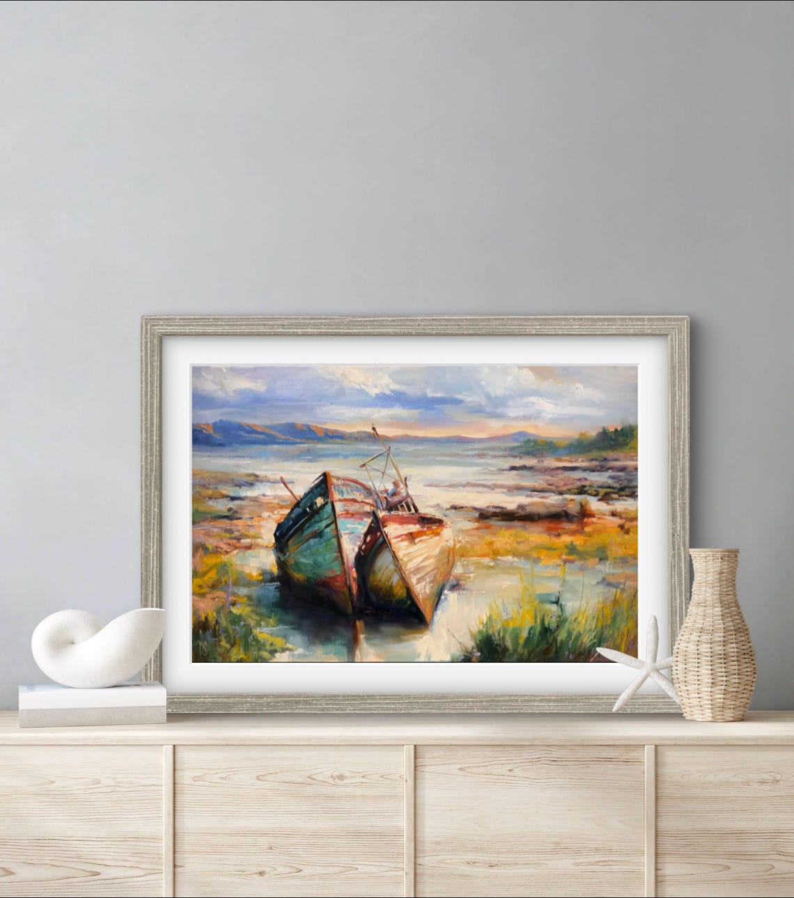 Two Weathered Boats Beached at Low Tide Coastal Painting Art Poster