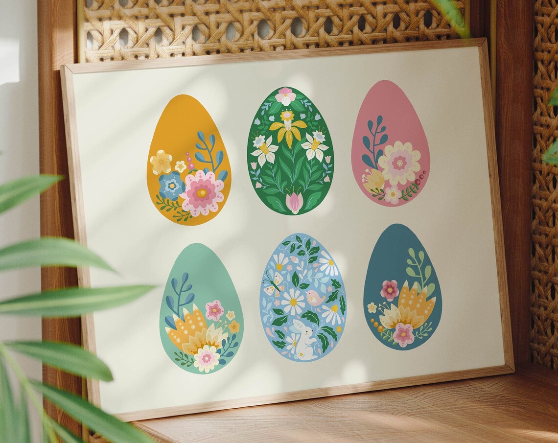 Six Pretty Floral Easter Eggs Colorful Spring Botanical Art Poster