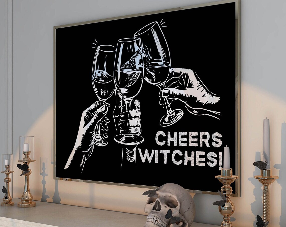 Cheers Witches Black Halloween Art of Three Hands Toasting Wine Poster