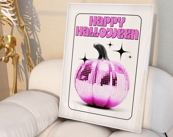 Pink Disco Ball Pumpkin Groovy Retro Happy Halloween Party Sign Poster