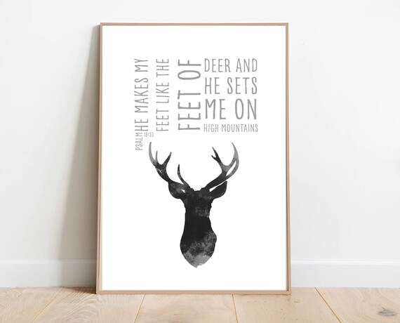 Psalm 18:33 Deer Head Scripture Black White Boys Nursery Print