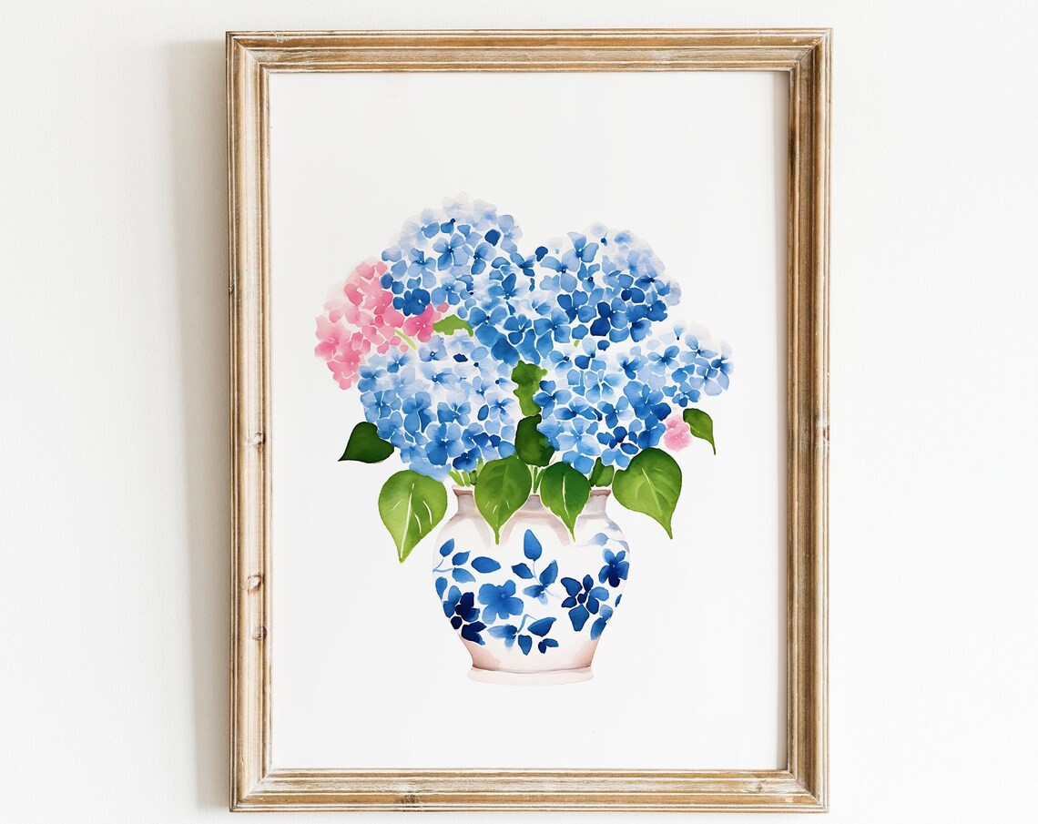 Hydrangea Print, Delft Blue Vase Floral Art Print