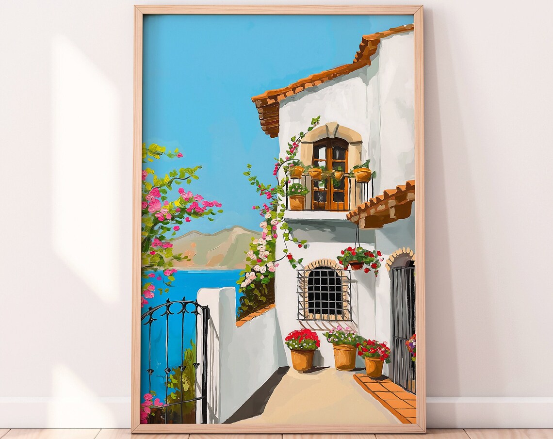 White Seaside House with Flowers Blue Sea View Summer Villa Art Poster