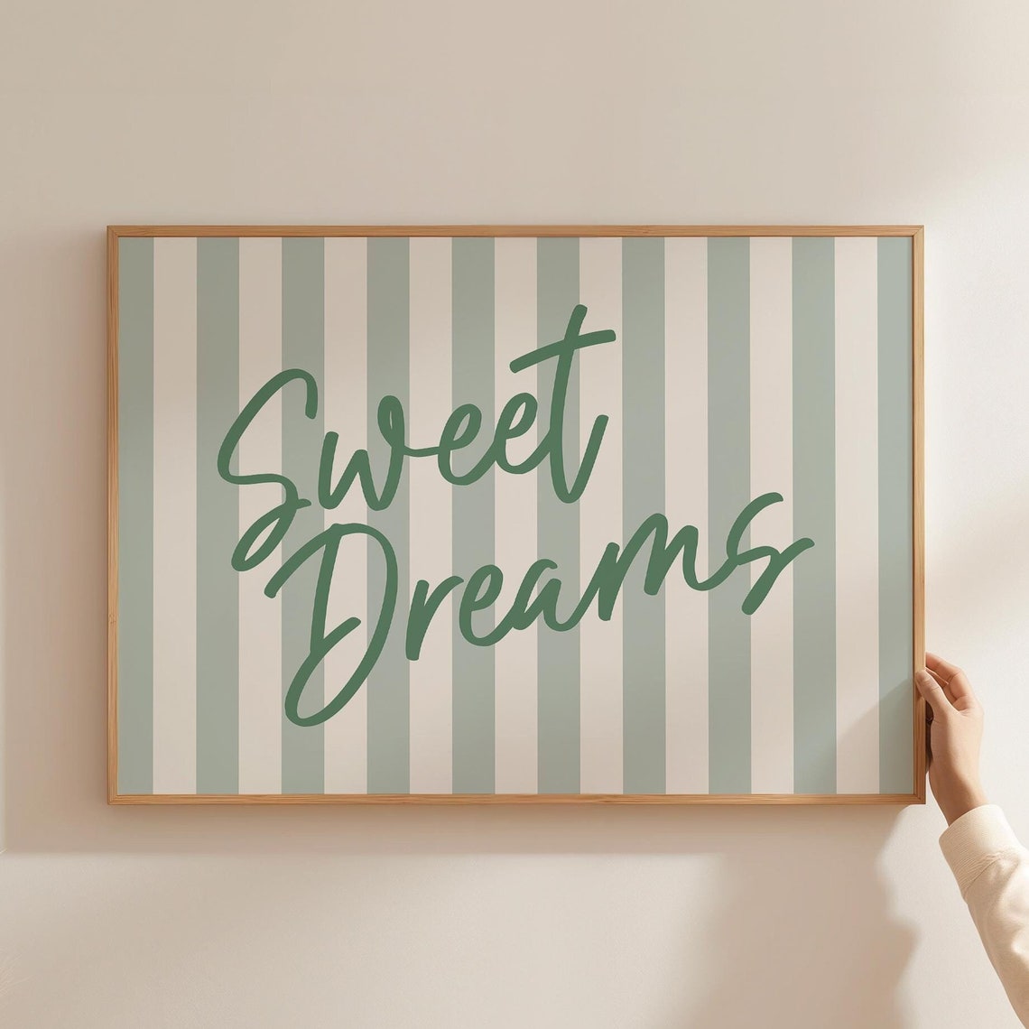 Sweet Dreams Sage Green Striped Script Bedroom Nursery Wall Poster