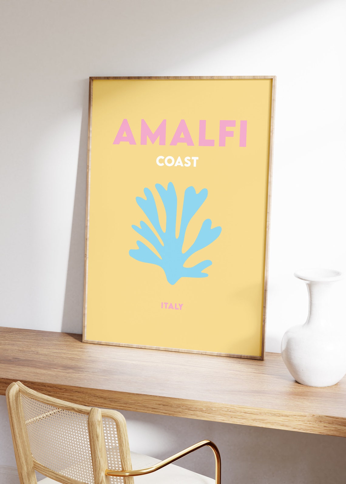 Amalfi Coast Italy Minimalist Yellow Blue Coral Travel Poster