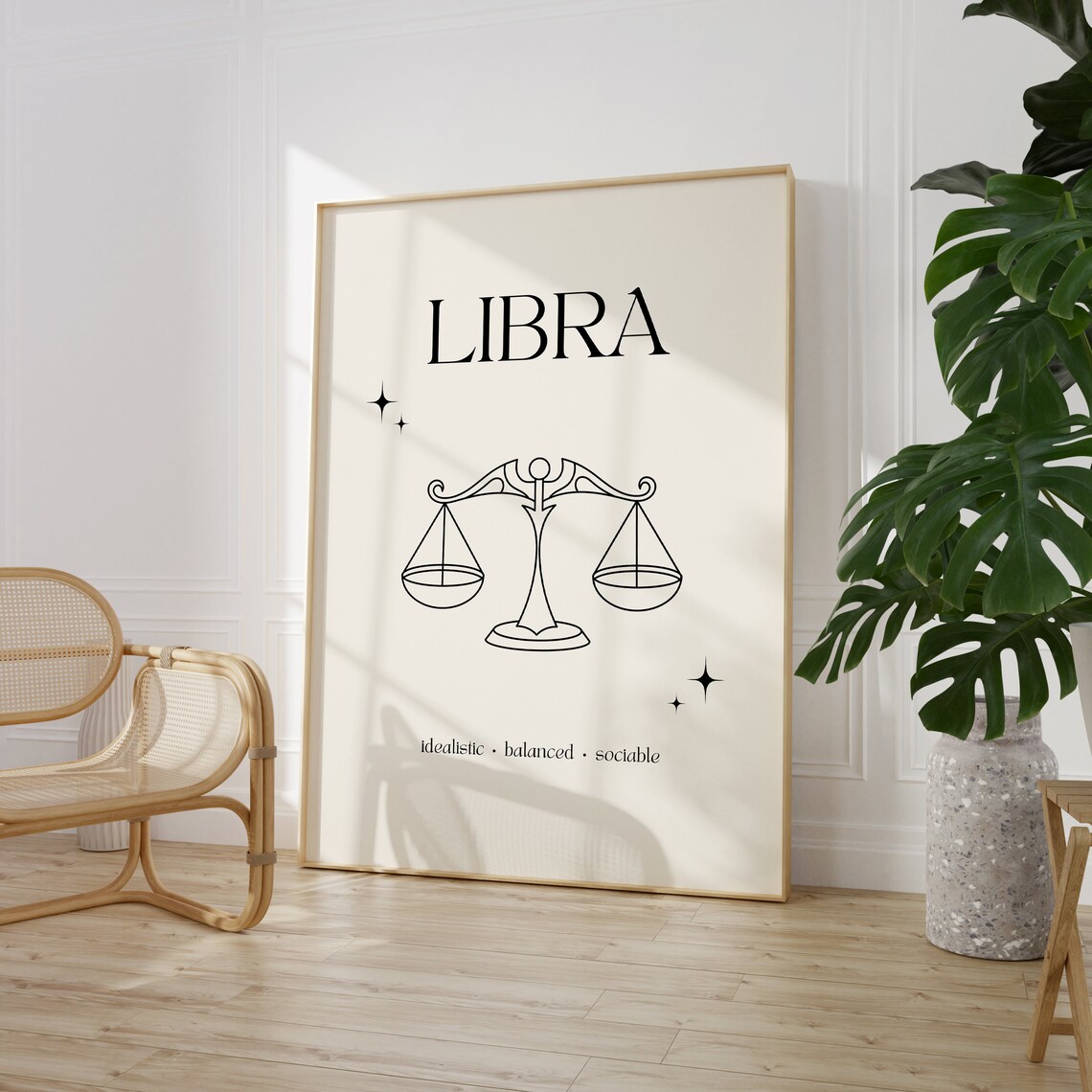 Libra Zodiac Sign Minimalist Scales Line Art Cream Star Poster - Image 4