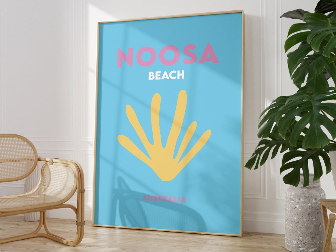 Noosa Beach Australia Blue with Yellow Seashell Travel Poster