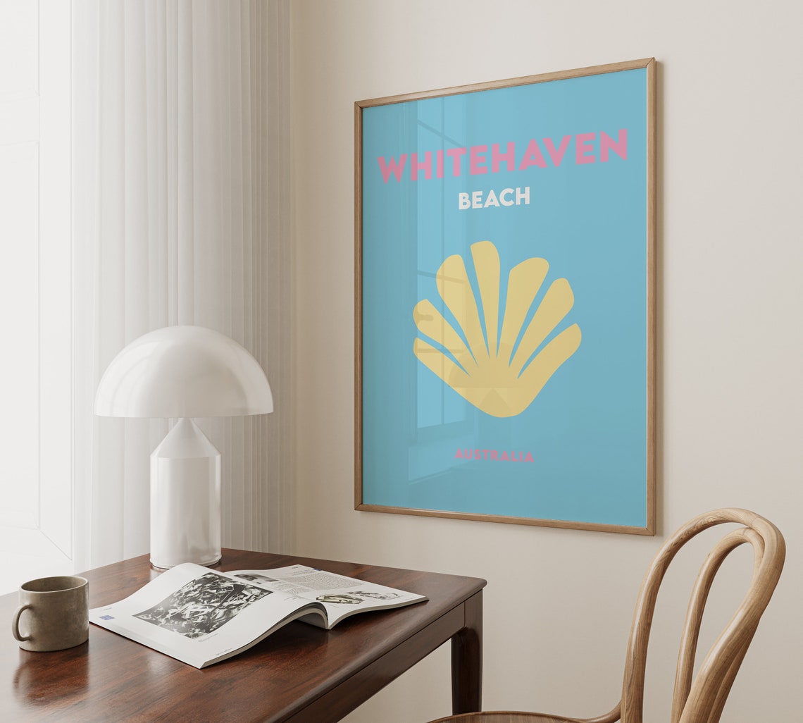 Whitehaven Beach Australia Blue Yellow Seashell Travel Poster - Image 3