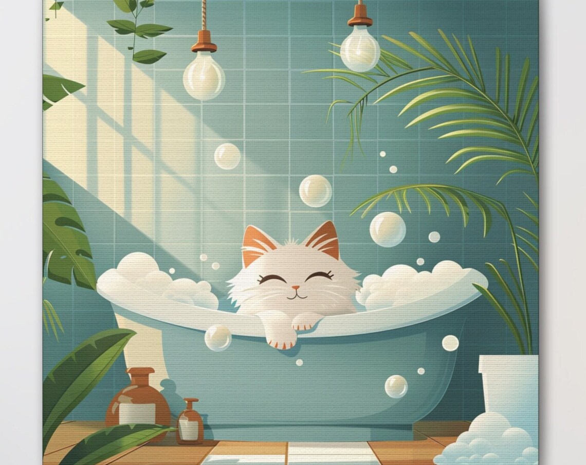 Happy White Cat Relaxing in a Teal Bubble Bath Cartoon Poster
