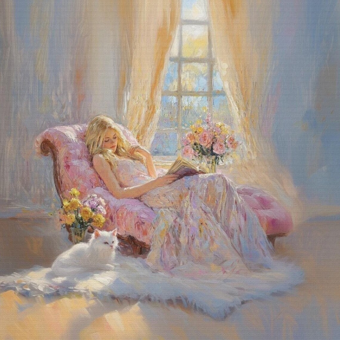 Woman Reading on a Chaise Lounge with a White Cat Sunlit Poster - Image 6