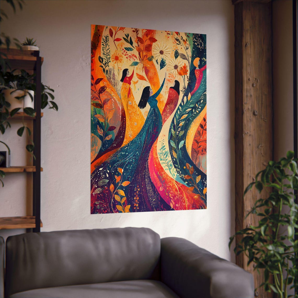 On the Rise Colorful Dancing Women Whimsical Floral Art Poster - Image 2