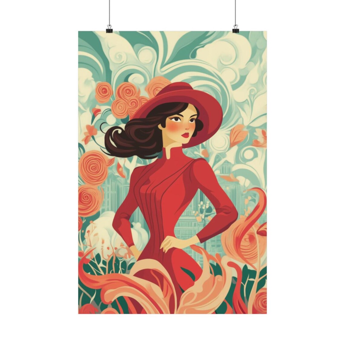 Elegant Art Nouveau Woman In Red Dress And Hat With Roses Poster