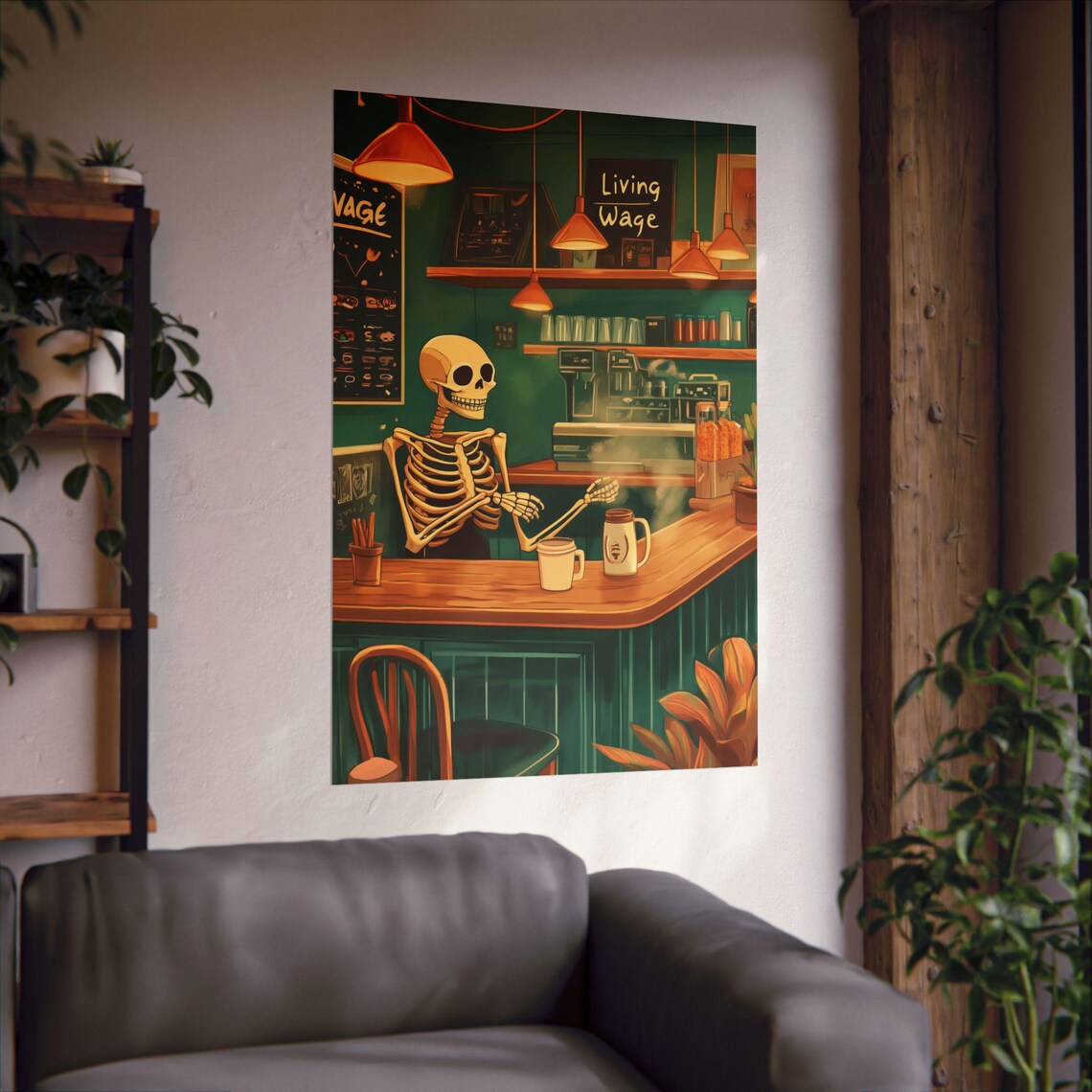 Skeleton Barista Coffee Bar Living Wage Funny Cafe Art Poster - Image 3