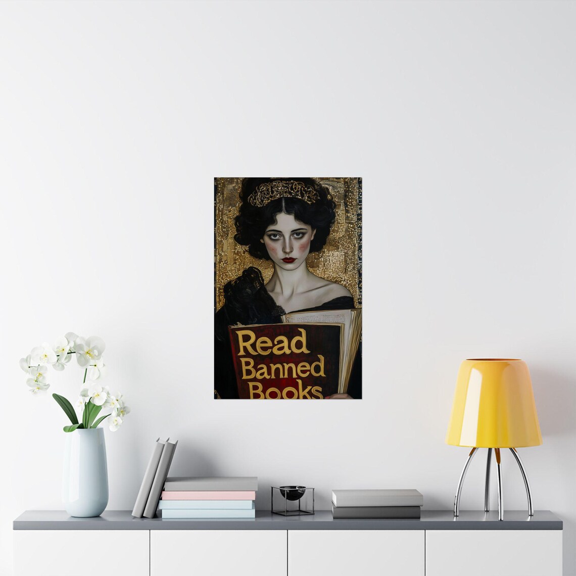 Read Banned Books Regal Crowned Woman Golden Mosaic Library Poster - Image 2