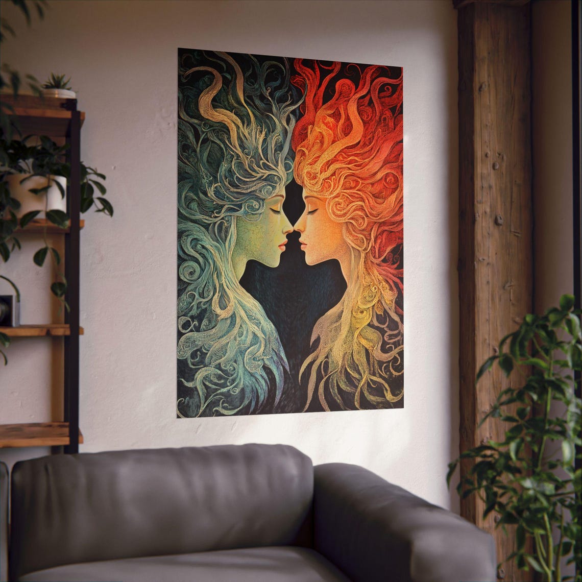Ice And Fire Dual Faces Portrait Blue Ice Woman Red Flame Poster - Image 2
