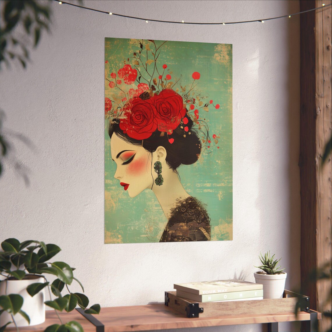 Woman Red Roses Hair Teal Vintage Floral Portrait Art Poster - Image 4