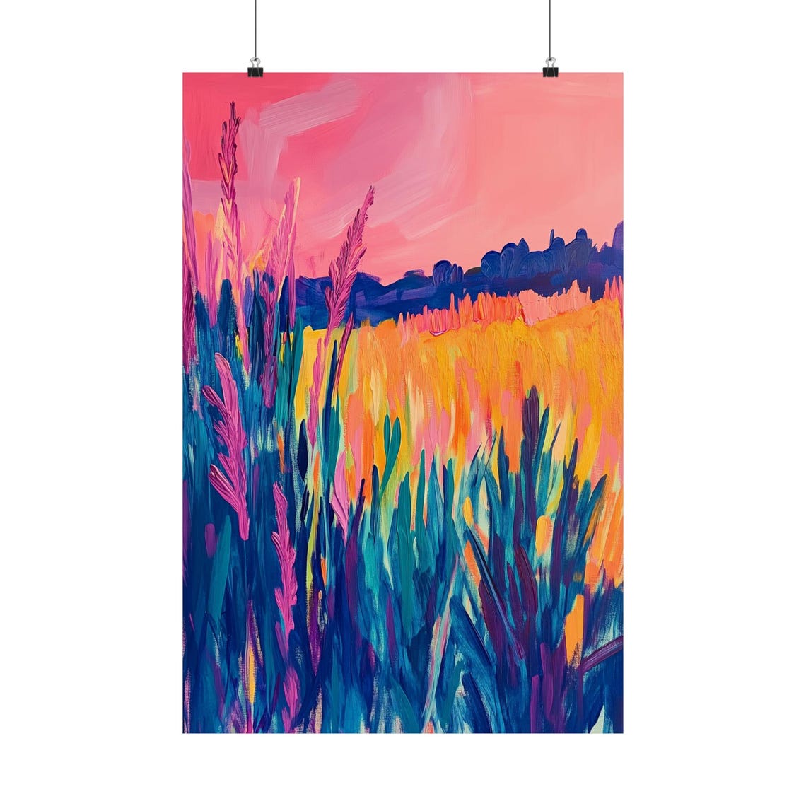Bright Prairie Pink Sunset Teal Grasses Impressionist Field Print