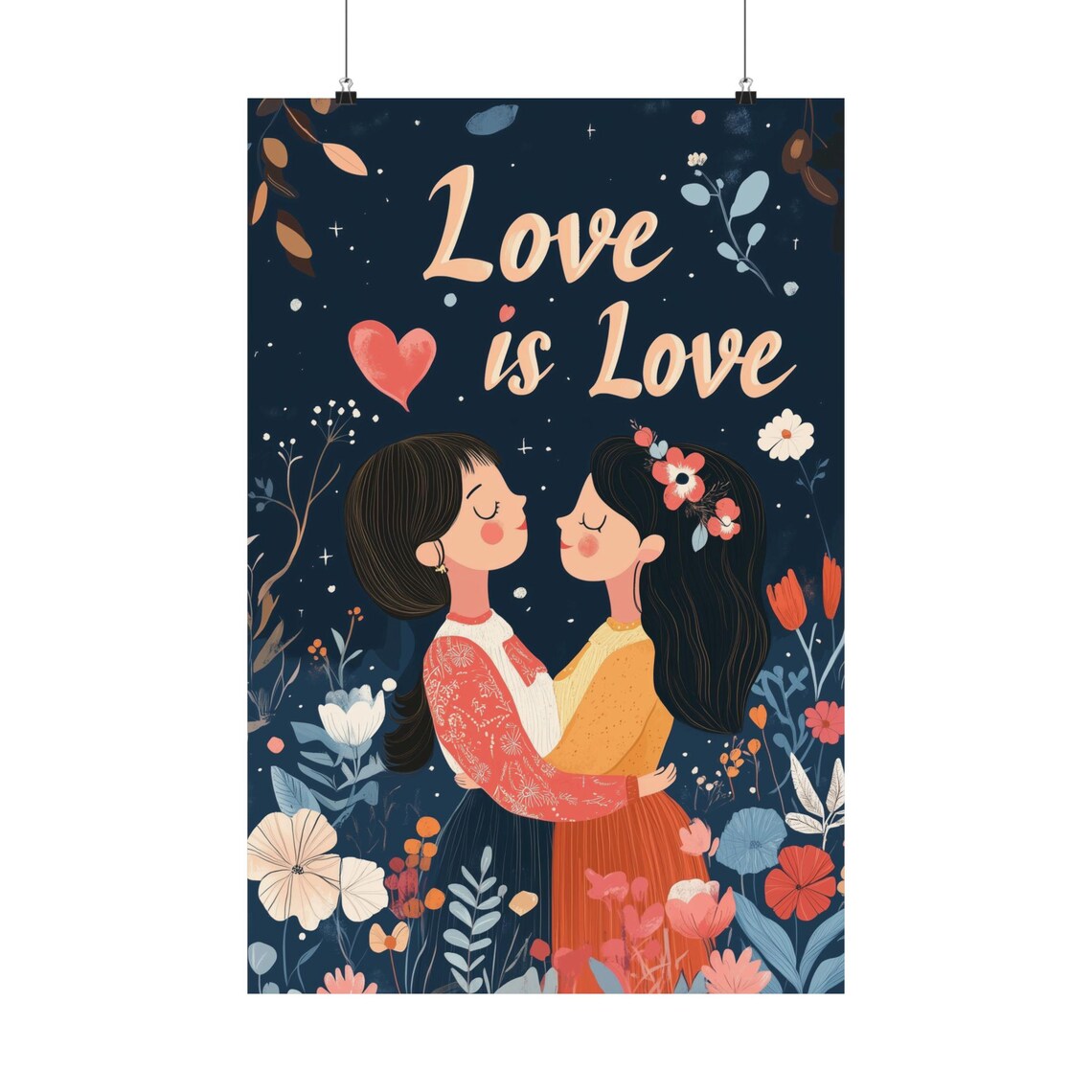 Love Is Love Lesbian Couple Floral Starry Night Embrace Poster
