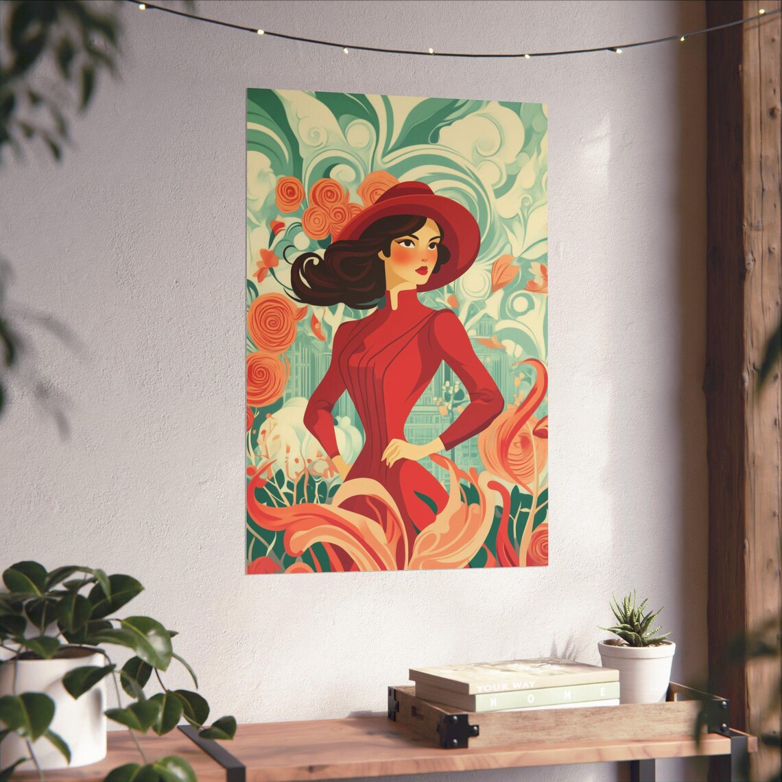 Elegant Art Nouveau Woman In Red Dress And Hat With Roses Poster - Image 4