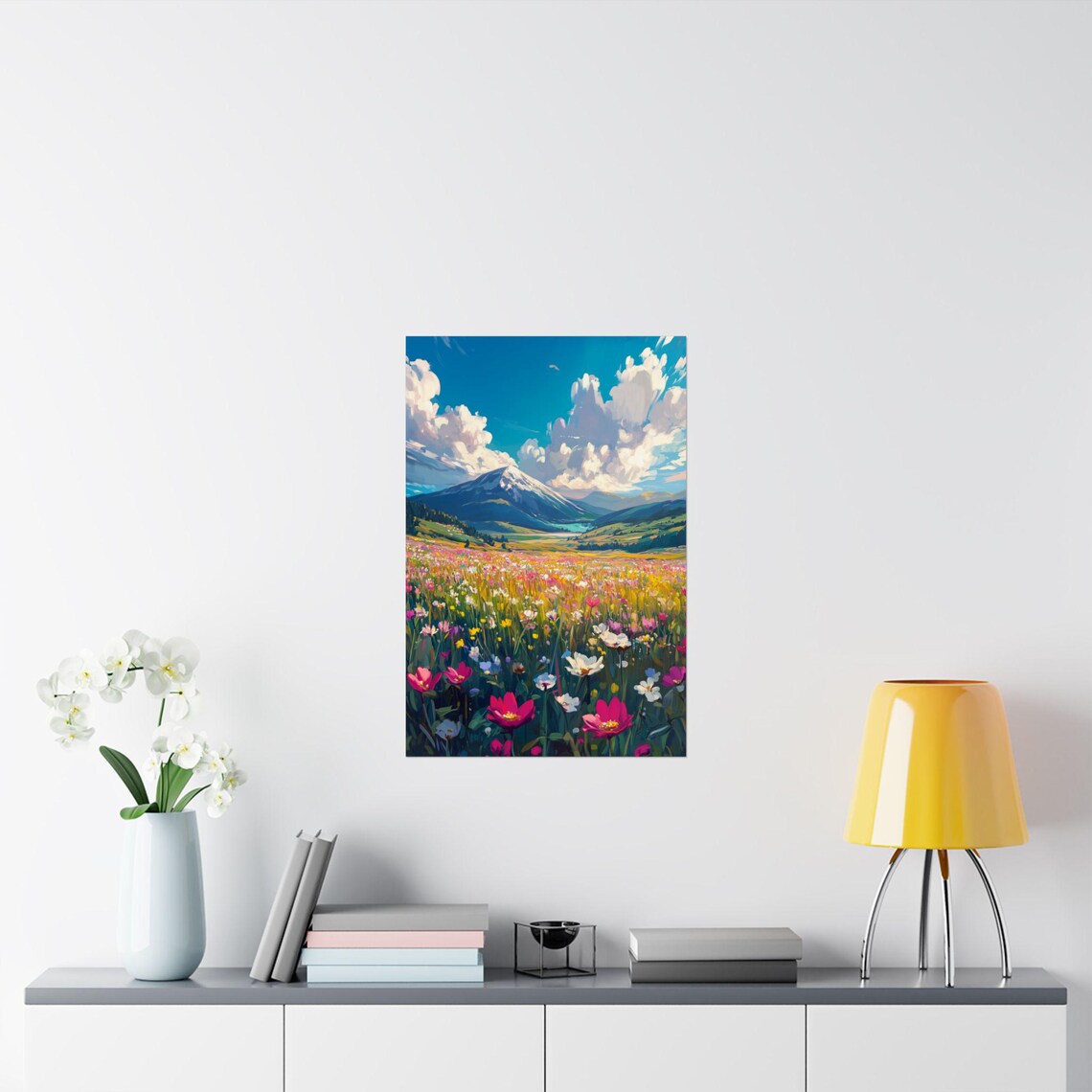 Wildflower Meadow to Snowy Mountain Summer Cloudscape Painting Print - Image 2
