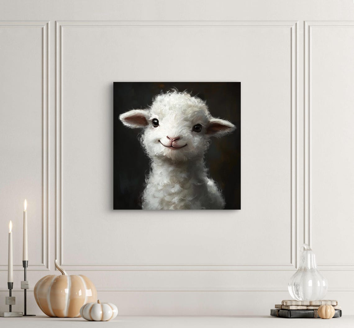 Cute White Lamb Smiling Portrait Dark Moody Background Painting Poster - Image 2