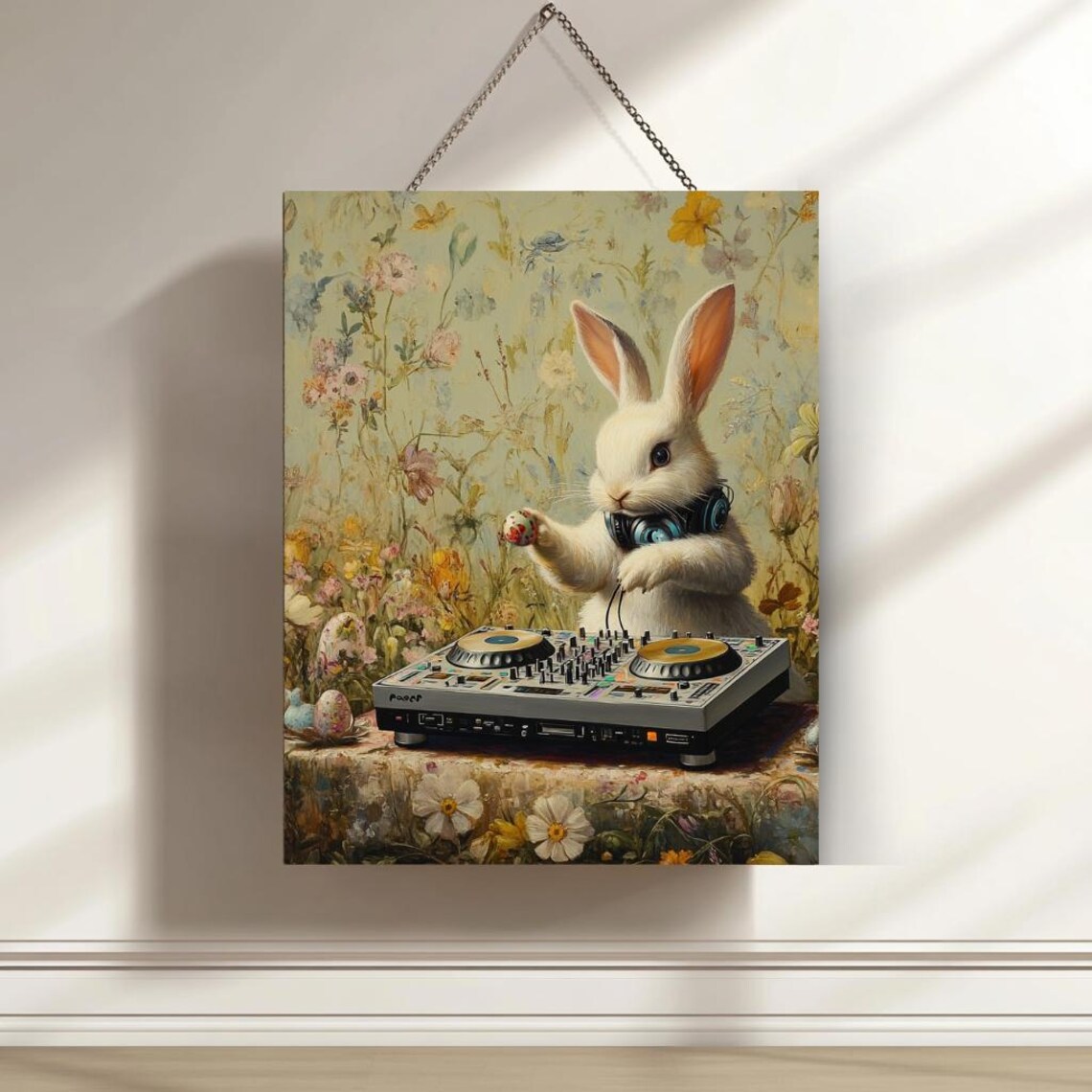Bunny DJ With Headphones At Turntables Floral Party Animal Art Poster
