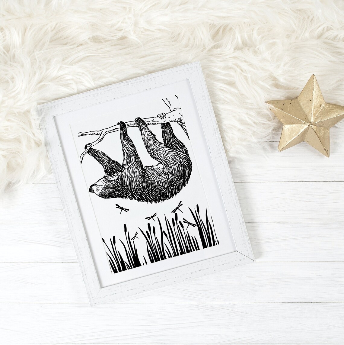 Hanging Sloth Line Art Poster Black And White Jungle Illustration - Image 2