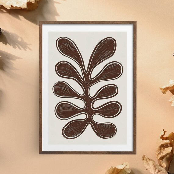 Brown Monstera Leaf Blockprint Poster Botanical Mid Century Wall Decor