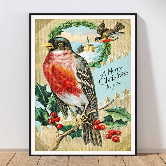 Vintage Robin Redbreast Holly Berries Christmas Postcard Art Poster