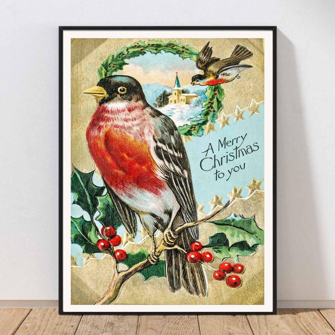Vintage Robin Redbreast Holly Berries Christmas Postcard Art Poster