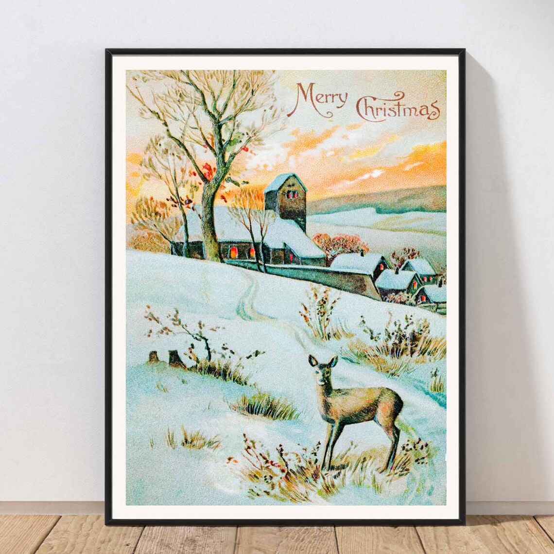 Vintage Merry Christmas Deer Snowy Church Winter Scene Art Poster